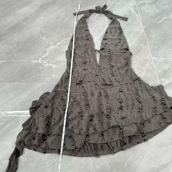 Women’s Edikted Shredded Backless Halter Mini Dress Deep V-Neck Grunge Small - Picture 15 of 16